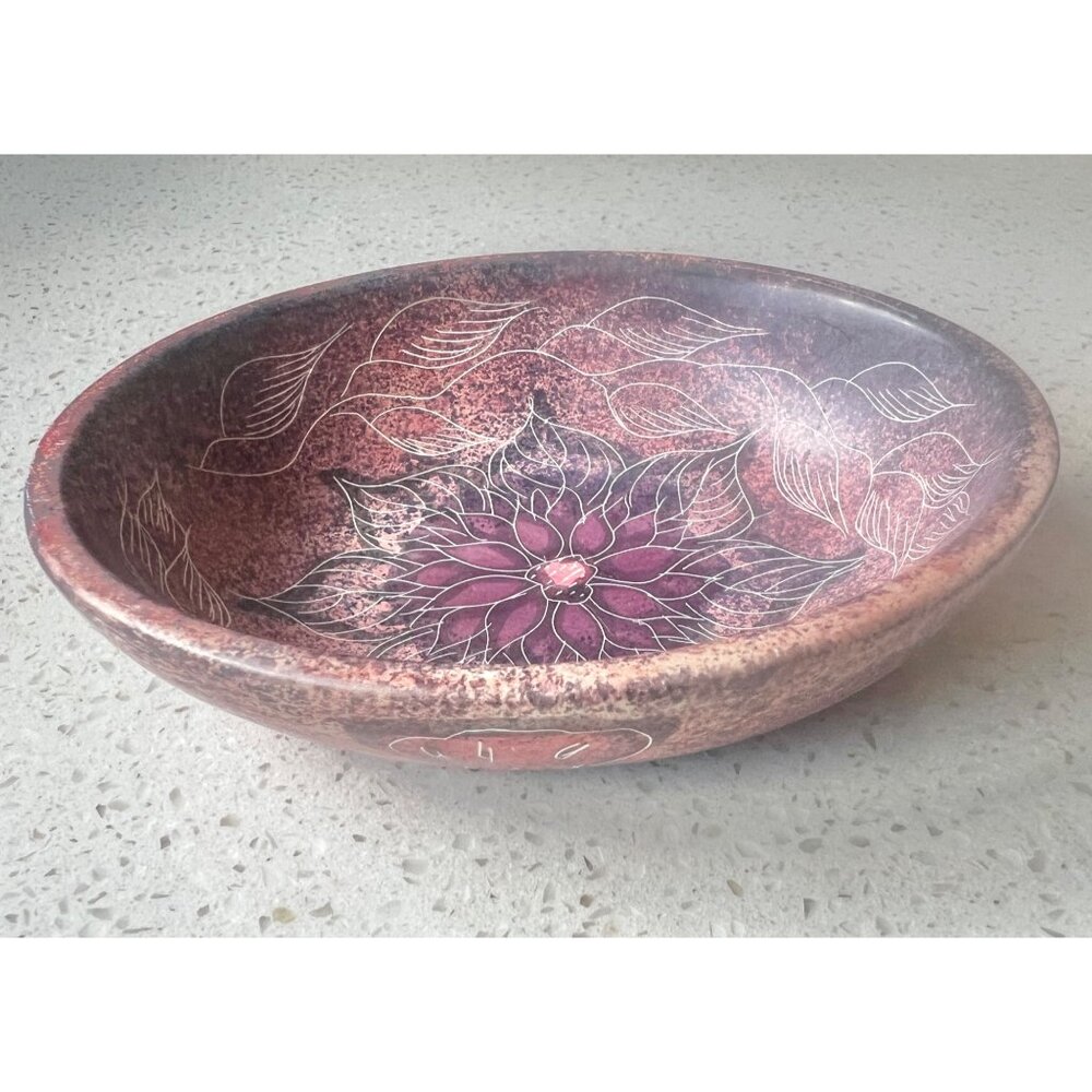 Signed Zebede Stone Trinket Soap Dish Engraved Lotus Handcrafted Mauve Purple - Picture 2 of 10